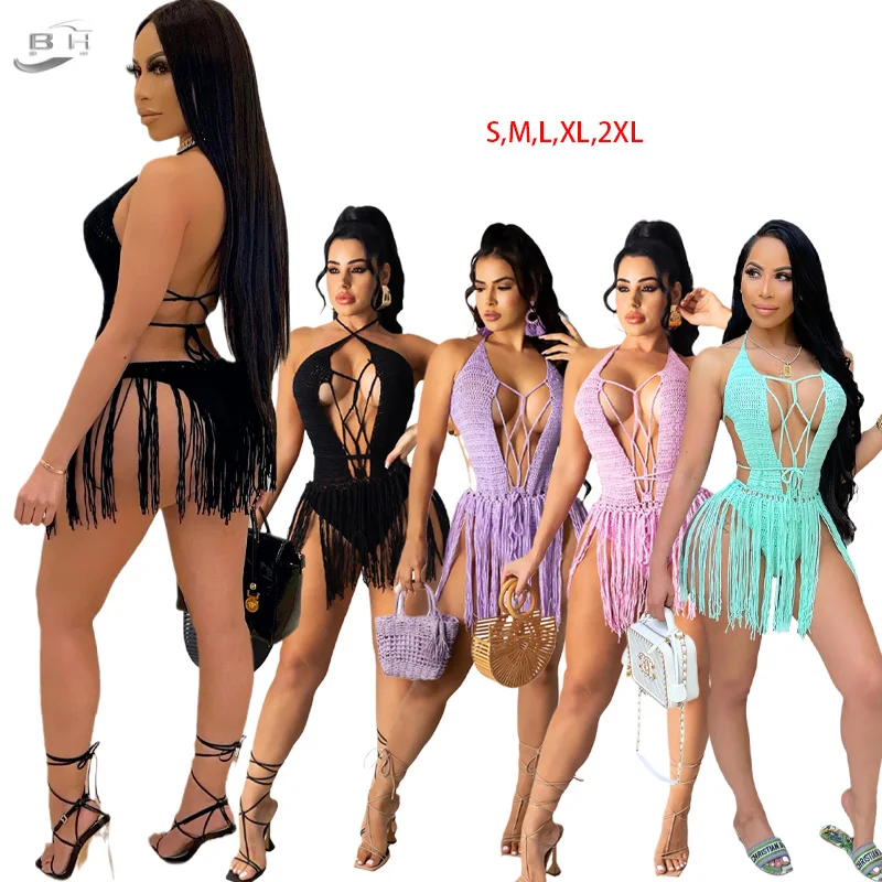 

2022 Candy Color Backless Sexy Swimwear Sandbeach Bikini Tassel One Piece Swimsuit, Picture color