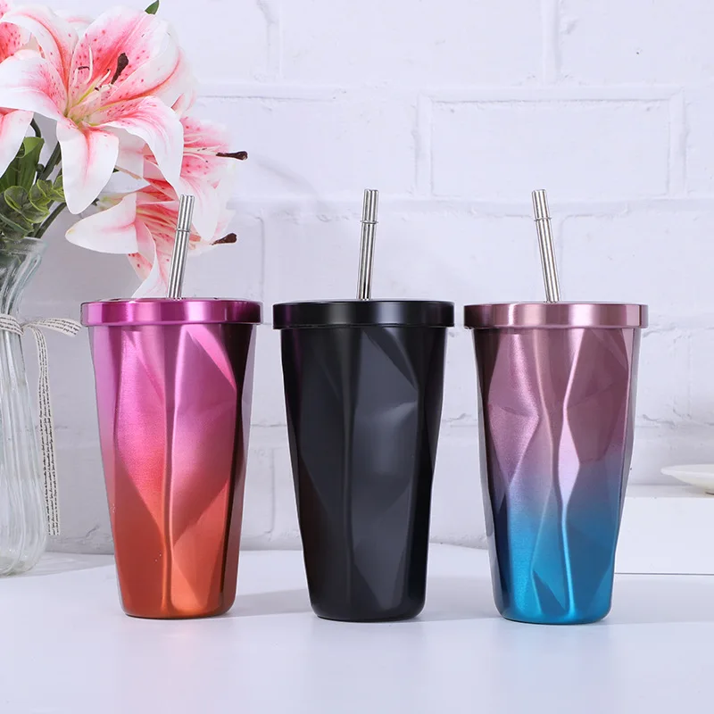 

Wholesale 550ml Double Wall Stainless Steel Coffee Mug Travel Mug With Straw Vacuum Flask, Black/white/pink/green