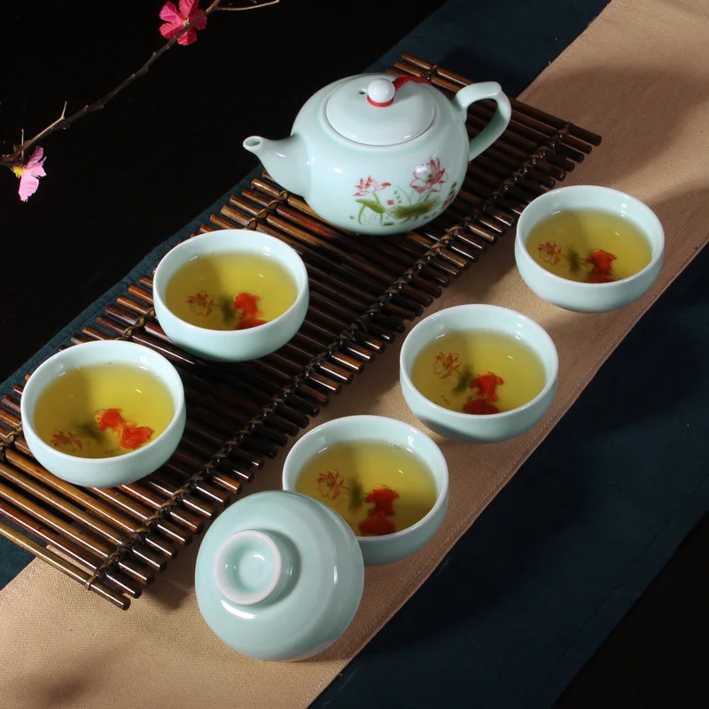 Chinese Tea Cups Porcelain Celadon Fish Teacup Set Loose Leaf Teapot