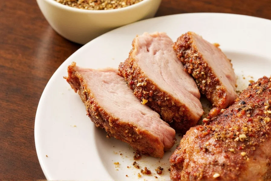 Spice jars lined up next to fresh pork chops