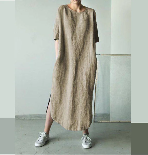 

Latest Design Women Short Sleeve Dresses Korean Summer Cotton Linen Dress, Khaki;gray;green;light blue;black;dark gray