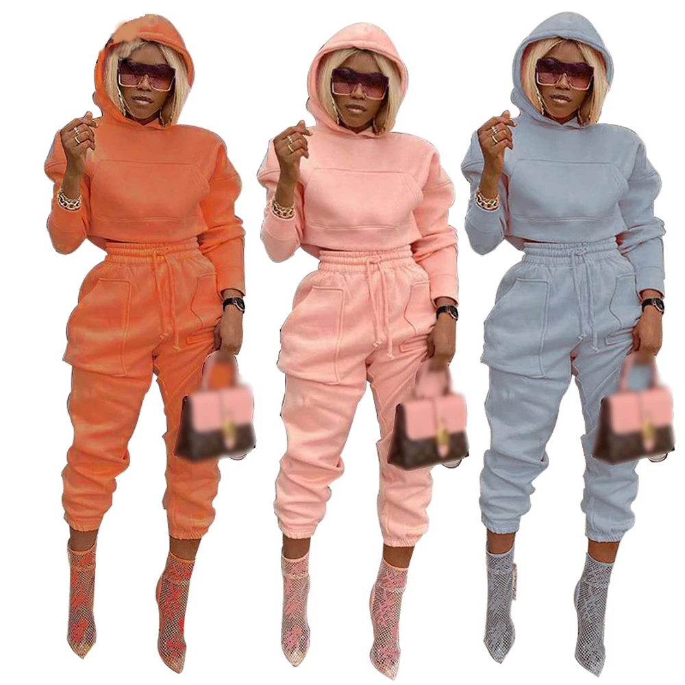 

Trending stylish 2021 spring autumn fall women tracksuit set solid color sport hoodie sweat pant set woman two piece sweatsuit