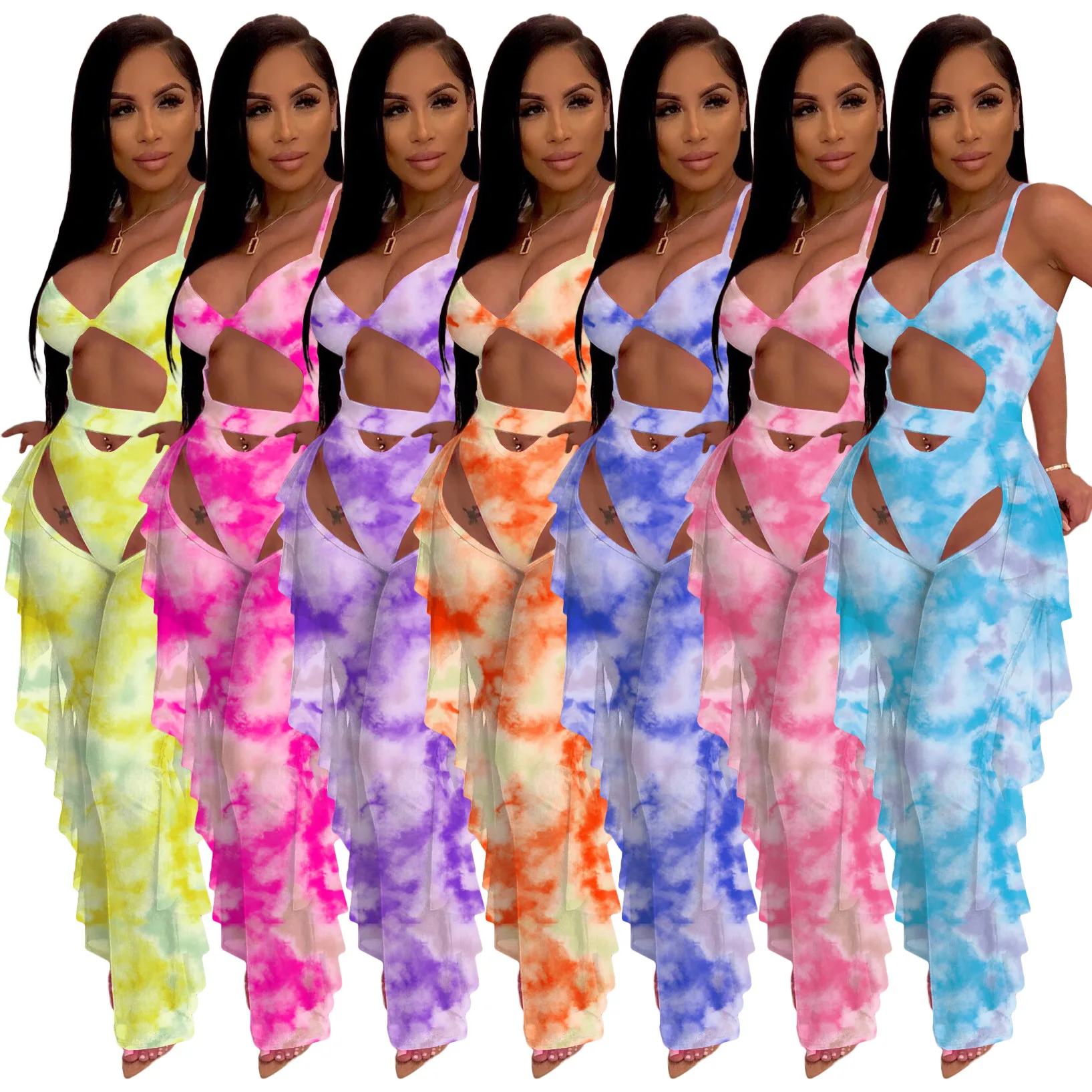 

2022 Tie Dye 2 Piece Pant Suit Ladies Cutout Beachwear Club Dress Jumpsuit Women Mesh Two Piece Swimwear