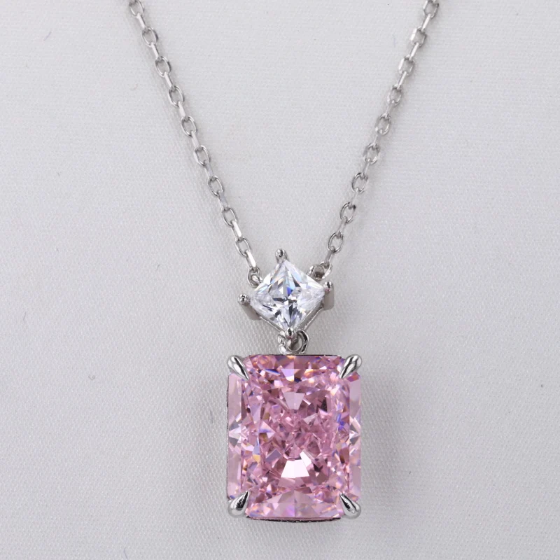 

Emerald cut 9X11mm Pink color simulated diamond Pendant Necklace for gift