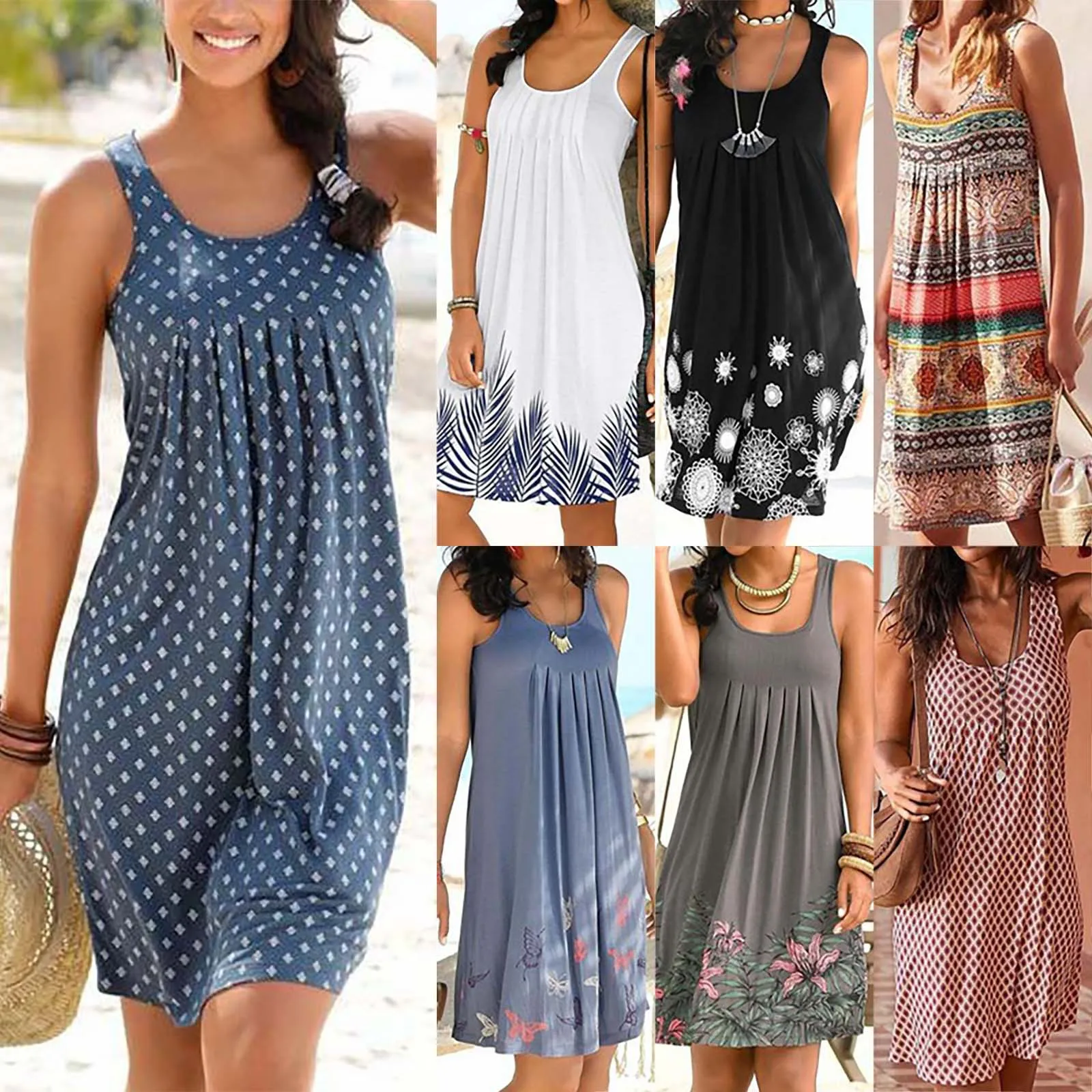 

2021 New arrival fashion women o-neck plus size sleeveless knee length casual loose beach dresses
