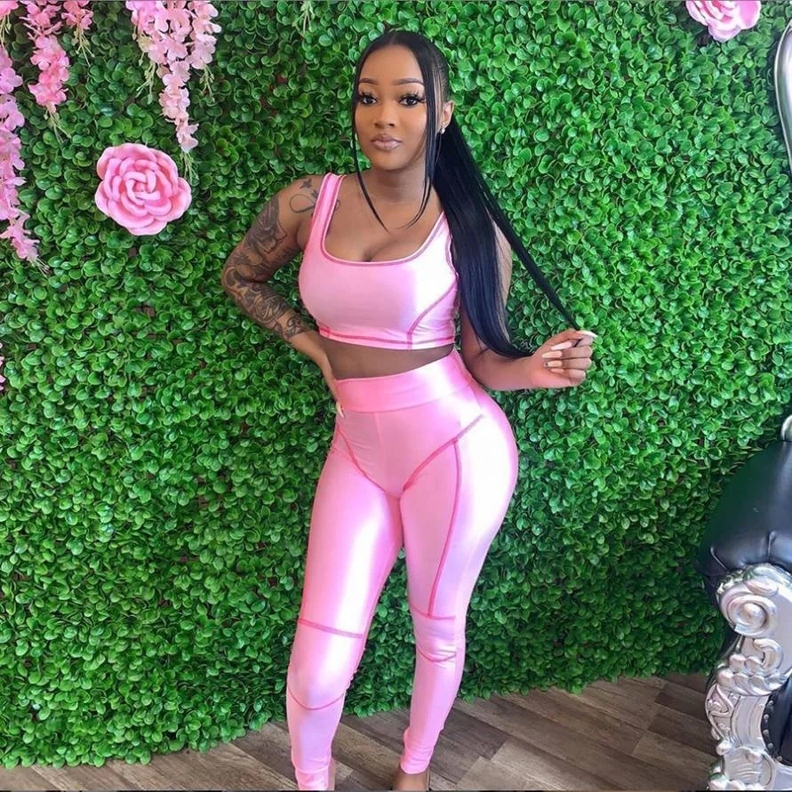 

Two piece pants set woman Sleeveless Low-neck Crop Top fashion sets Elastic Leggings Slim Streetwear Outfit Women Two Piece Set