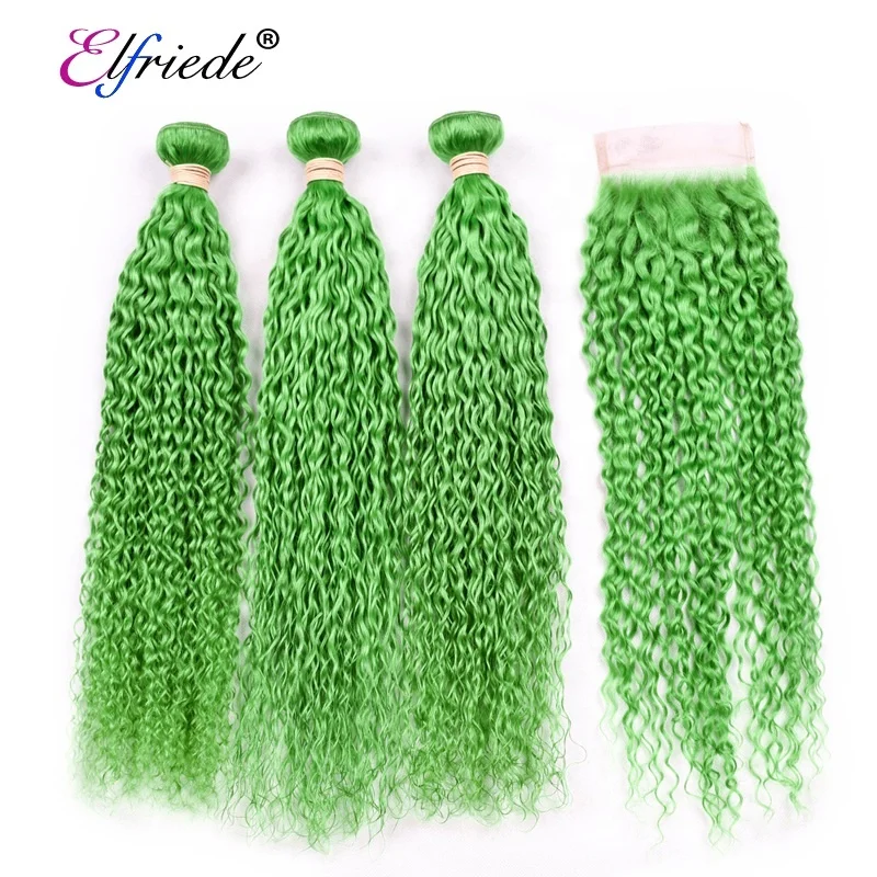 

Light Green Kinky Curly Hair Weaves with Closure Brazilian Remy Human Hair 3 Bundles with Lace Closure 4"x4" JCXT-90