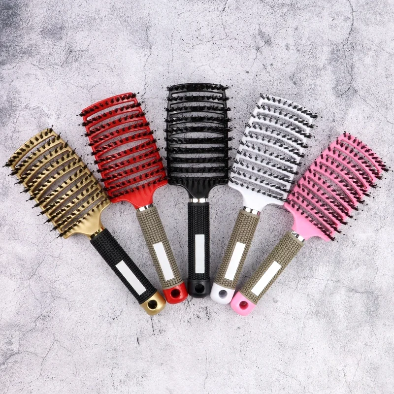 

Hair Style Beauty Salon Boar Bristle Paddle Logo Curly Tangle Black Wide Nylon Magic Hair Comb Curved Wave Brush, Black/white/red/pink/customized color
