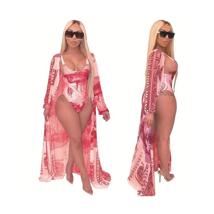 

2 Piece Swimsuit Sexy Print Bodysuit Long Sleeve Belt Cover up Set Swimwear Bathing suit For Women, Customized color