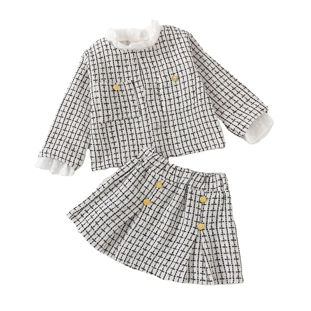 

rts Fashion girl small fragrance style pattern top short skirt solid color shirt three-piece lattice kids clothes
