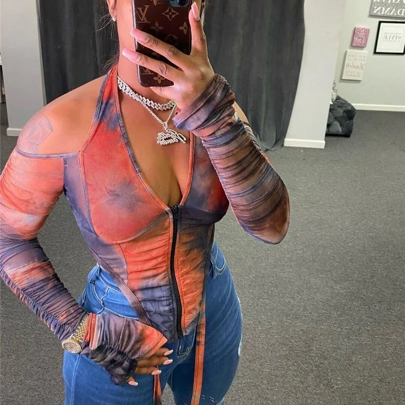 

2021 blouses crop tops sexy halter Mesh See through long sleeve lace up corset top women, Picture color