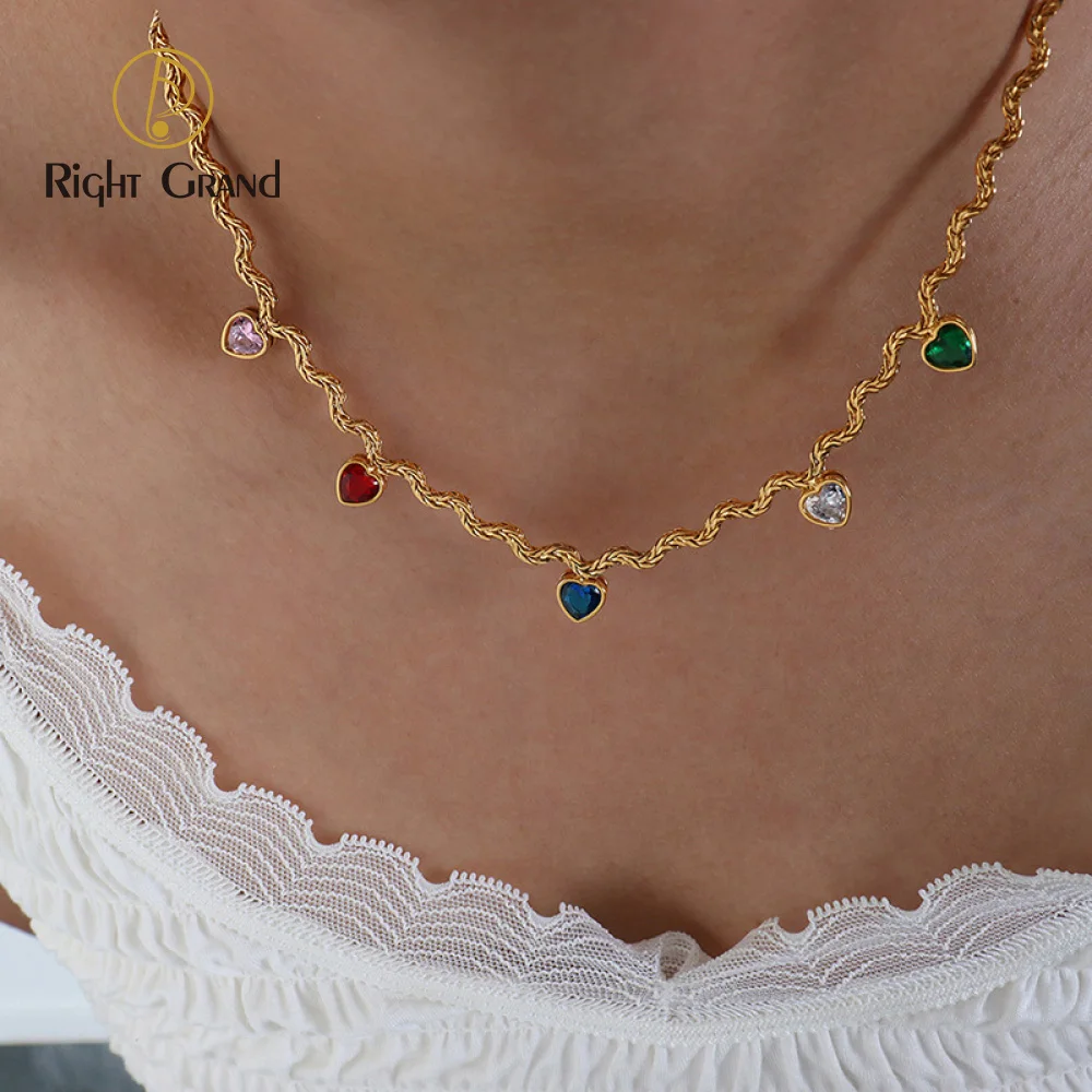 

Small fresh color zircon heart shape contrast color geometric irregular shape necklace collarbone necklace