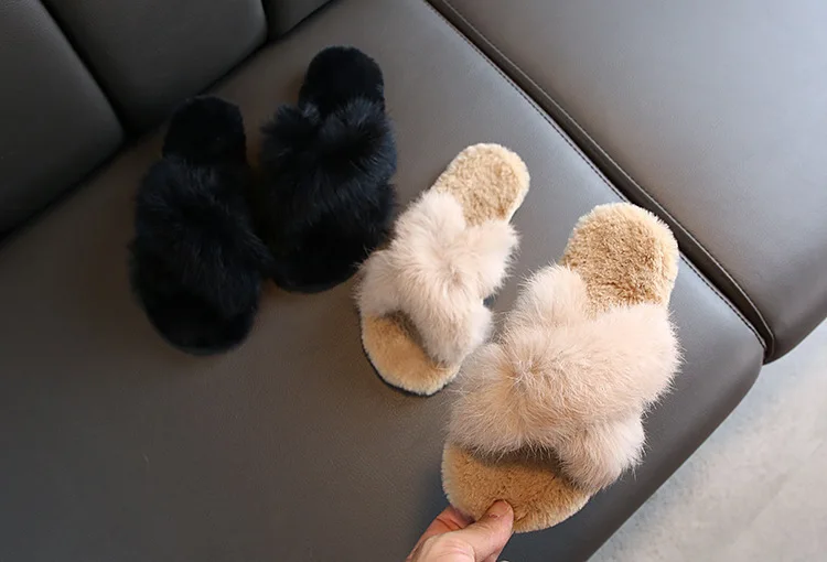 
Slippers cute faux rabbit fur kids soft black slippers summer winter spring plush custom 
