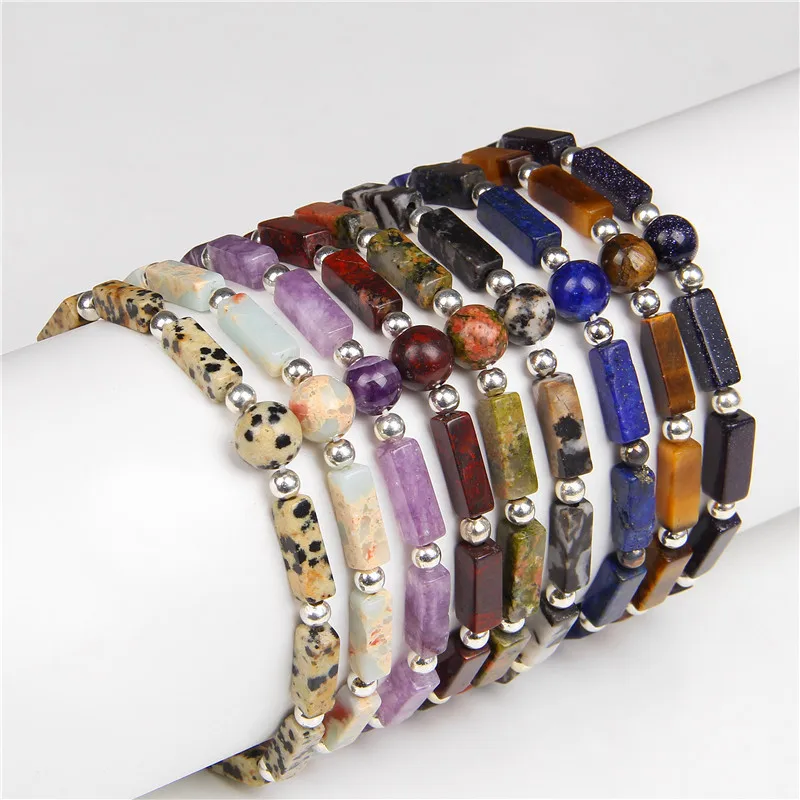 

New style Silver Color Beads Charm Bracelets Natural Amethyst Tiger Eye Stone Rectangle Stone Bracelet Women Prayer Meditation