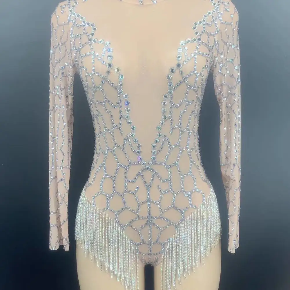 

2020 New See Through Sparkly Bodysuit Rhinestone Long Sleeve Jumpsuit Evening Birthday Celebrate Costume Perspective Jumpsuit