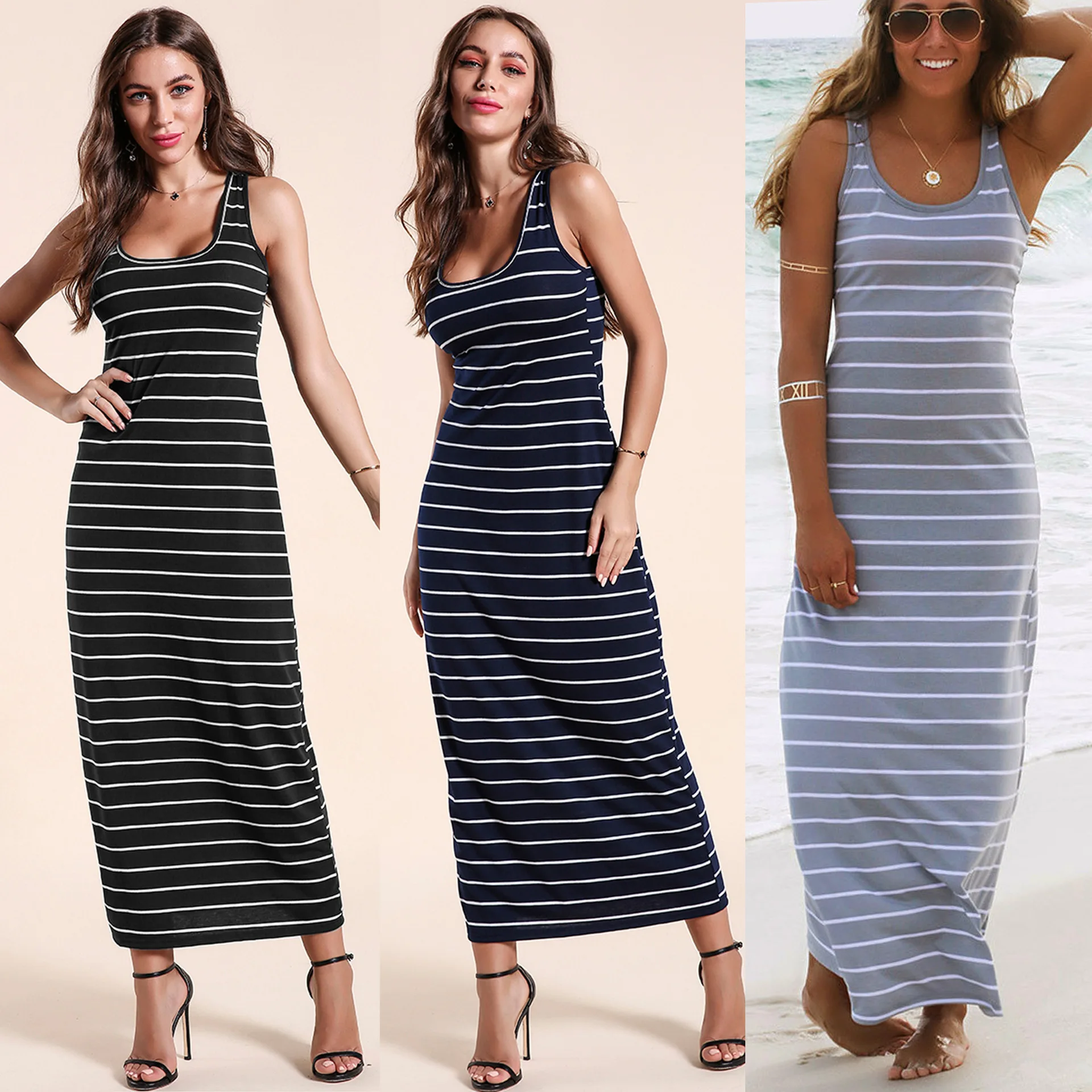 

Amazon Women Sleeveless Scoop Neck Striped Maxi Sundresses Loose Racerback Long Dress