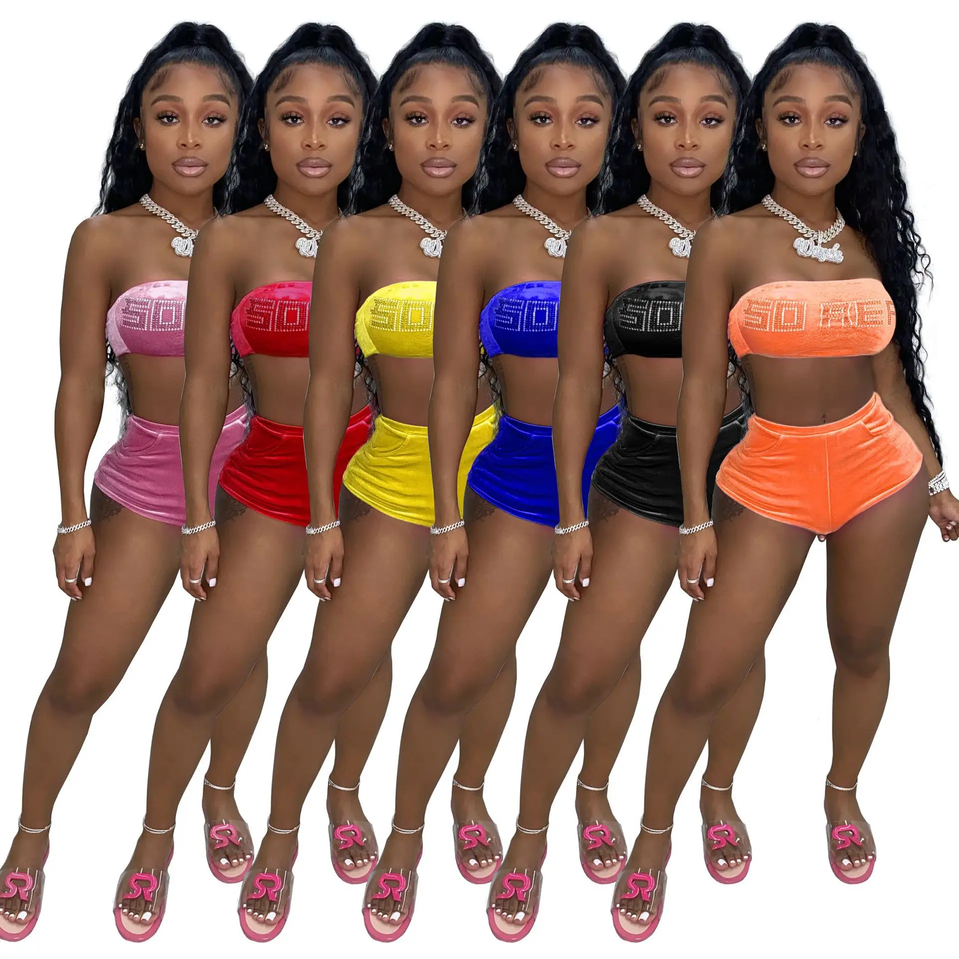 

2021 Letter Rhinestone Two Piece Short Set Summer Tube Tops And Mini Shorts Track Plus Size Women Sets With Pocket, Yellow / orange / red/pink/blue/black