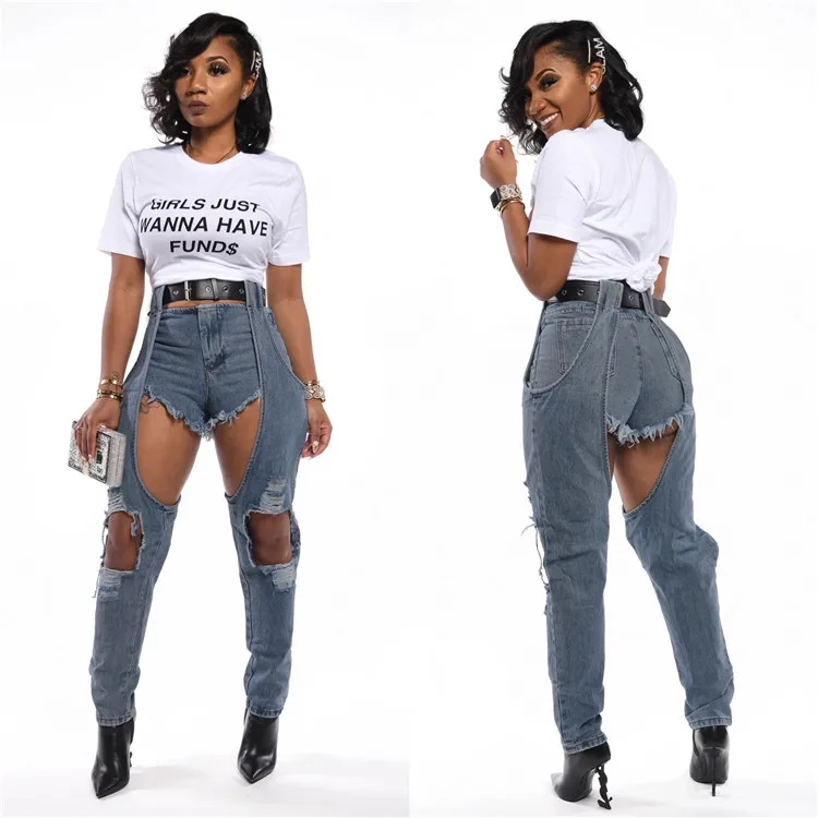 

New Fashion Ladies Jeans Pants Stitching Hollow Out Stretch Trousers Ripped High Waist Plus Size Washed Denim Women Jeans, Picture