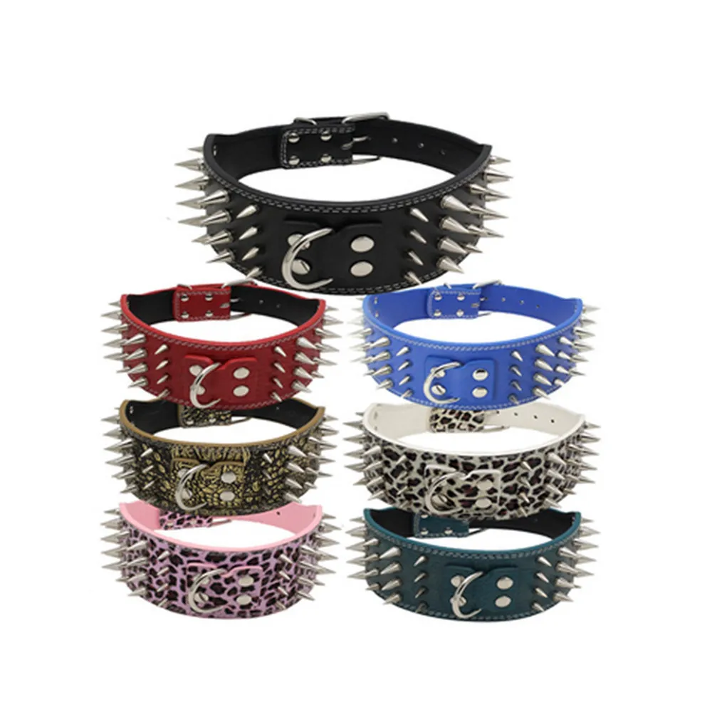 

Four rows of spiked pet collar anti-bite rivet PU large dog collar, Red,grenn