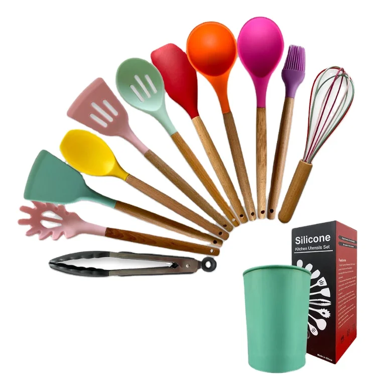 

Heat resistant and stainless steel silicone wooden 11 Pcs kitchen utensils set