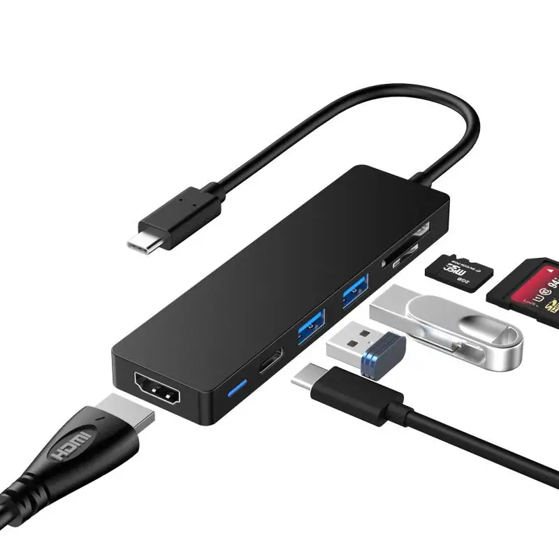 

USB C Hub 6 in 1 HD Adapter 4K Thunderbolt 3 USB C Hub with Hub 3.0 TF SD Reader Slot PD for MacBook Pro/Air, Black