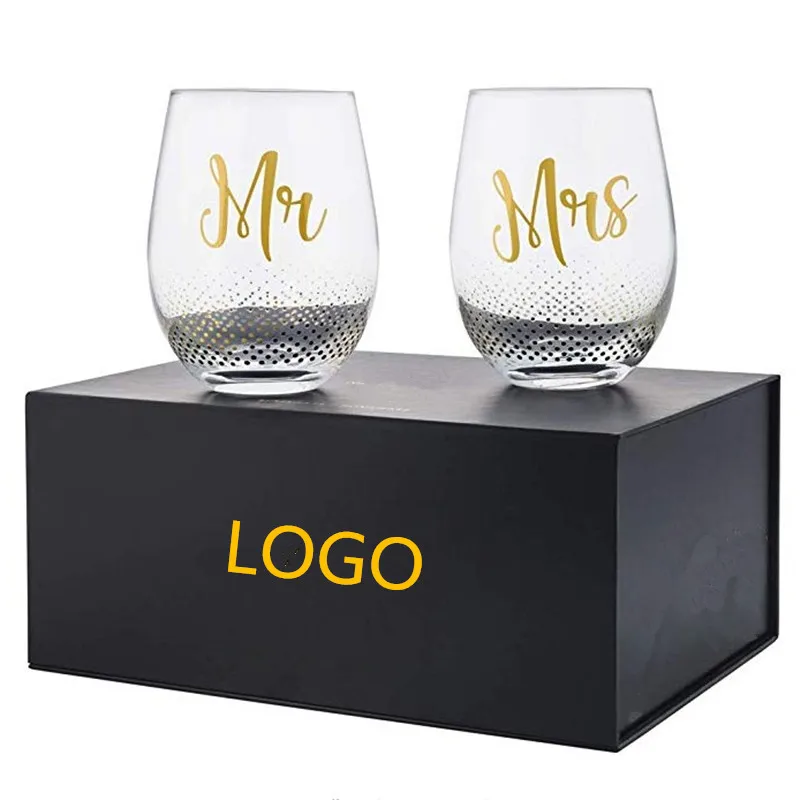 

Christmas wholesale Mr and Mrs set of 2 wine glasses set wedding gift stemless wine glass with gift box, Clear