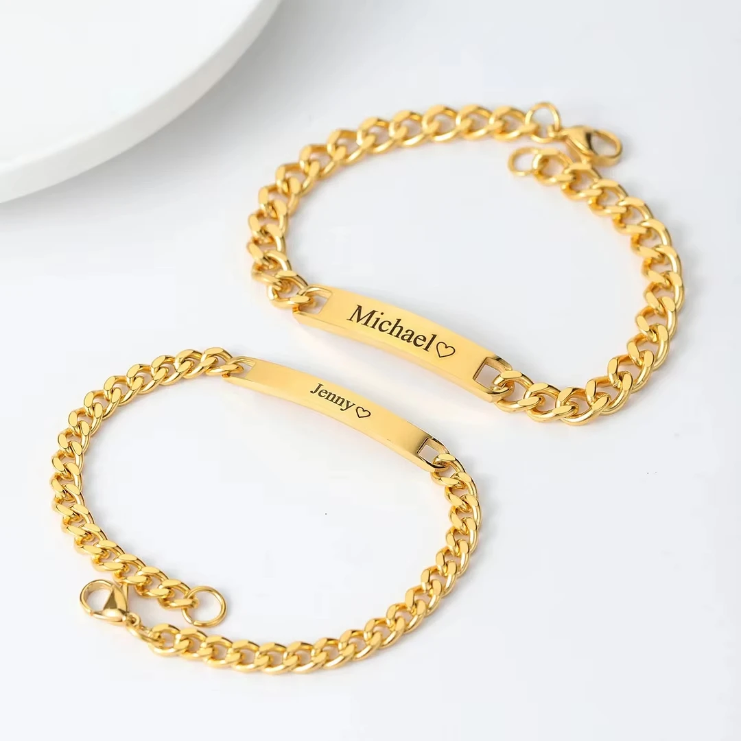 Duoying 2pcs Stainless Steel Engraved Name Bracelet Personalized Couple Bracelets for Anniversary Gift