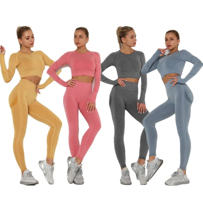 

Amazon hot sale two-piece set 2020 slim fit crop top and high waist leggings sportswear slim outfit