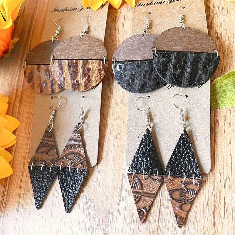 

Vintage embossed leather hook earrings geometry wood disk earring wood & Navajo leather earrings