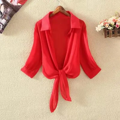 

V Neck Tie Wrap Womens Long Sleeve Button Up Blouse Woman Tops Fashionable Crop Top Women Blouses, White