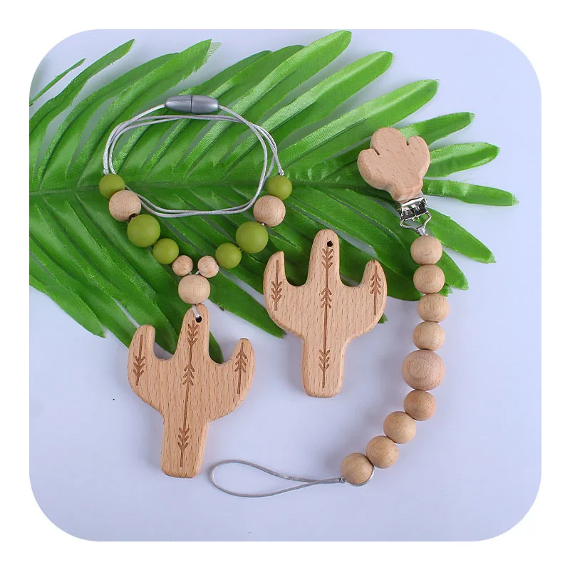 

New Cactus Wooden Pacifier Clip Beech Wood Necklace Toy Teether Baby Molar Teether Pacifier Chain Anti-Drop Chain