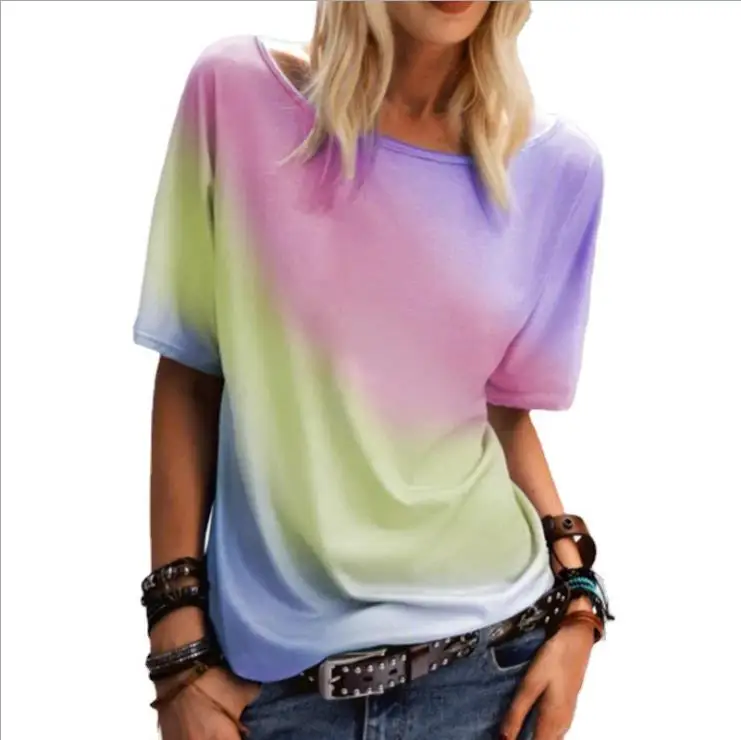 

2021 New Arrival Summer Rainbow T Shirts Women Gradient Color Printing Loose Tops Casual Short Sleeve Tee T-Shirt Custom Logo, 5 colors