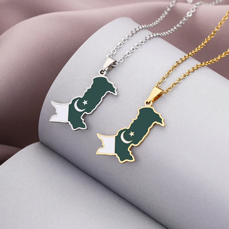 Manufacturer Pakistan Map Chain Necklaces Enameled Stainless Steel 18K Gold Plated Enamel Pakistan Flag Map Pendant Necklace
