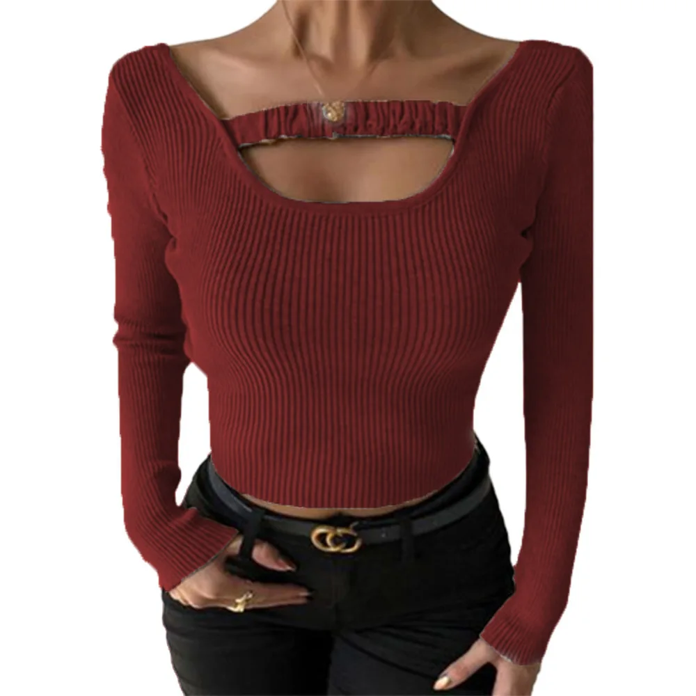 

women's clothes hot-selling solid color sexy round neck slim-fitlong-sleevedtShirt top