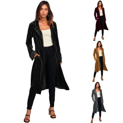 

Women Gold Velvet Long Trench Coat Solid Color Pocket Cardigan 2021 Spring Autumn New Overcoat Casual Lapel Long Coat, Picture color