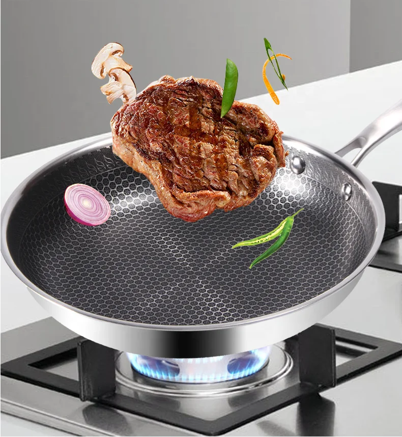 

Stainless steel honeycomb steak frying pan non-stick tri-ply pan with ss handle