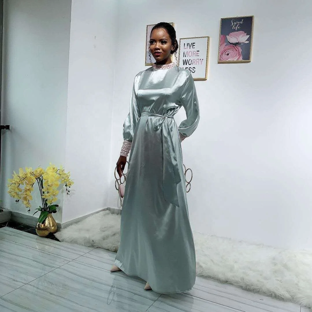 

Fashion Muslim women dress beaded sleeve dress Abaya kaftan Dubai Turkey sweet satin dress, Green