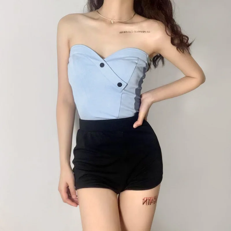 

Women Sleeveless Tank Crop Tops 2021 Summer New Casual Slim Low-Cut Double Buttons Backless Short Solid Color Tight Vest Woman