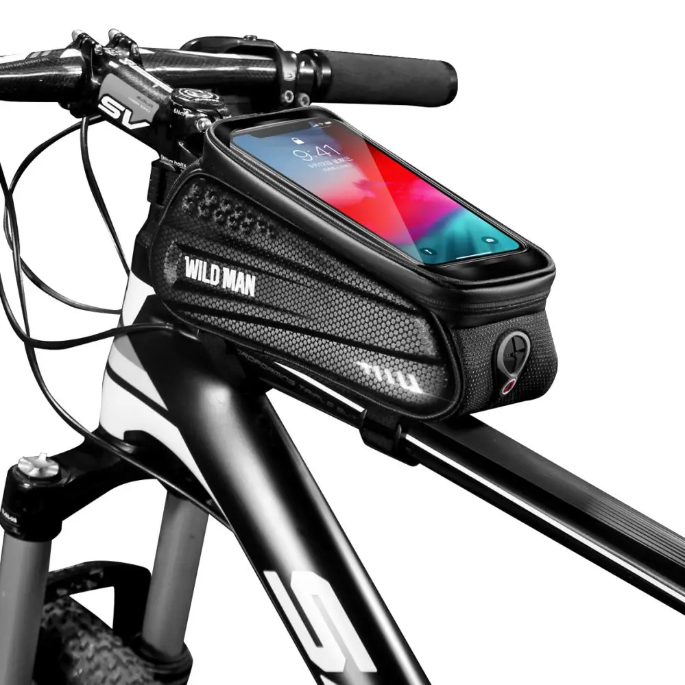 

WILD MAN Bicycle Bag Waterproof Bike Phone Mount Bag Front Frame Top Tube Handlebar Bag with Touch Screen Holder Case, Black