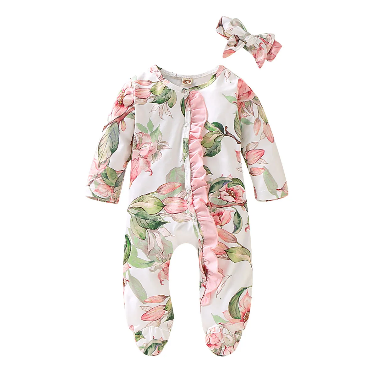 

Custom OEM ODM Newborn Infant Toddler Clothing Girls Long Sleeve Floral Ruffle Footie Sleeper Romper Baby Footed Pajamas, Photo showed and customized color