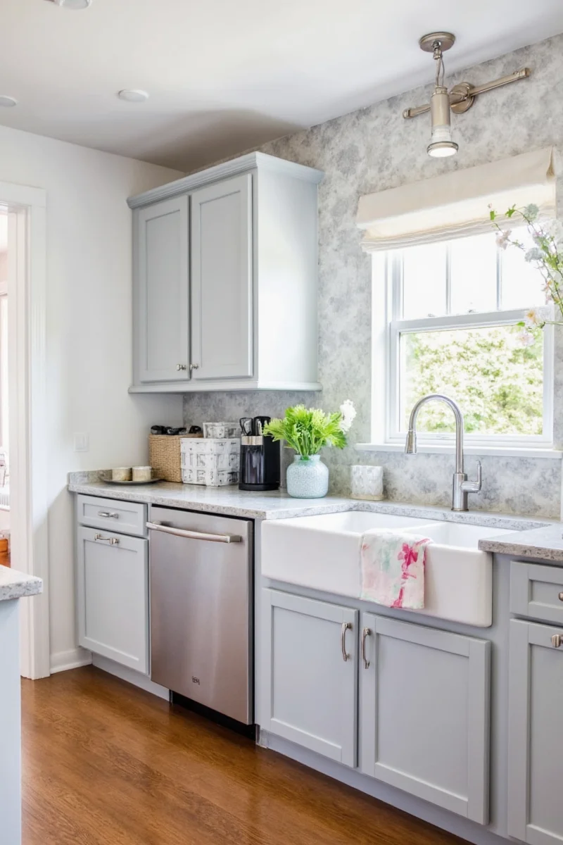 Modern grey kitchen cabinets with children playing nearby