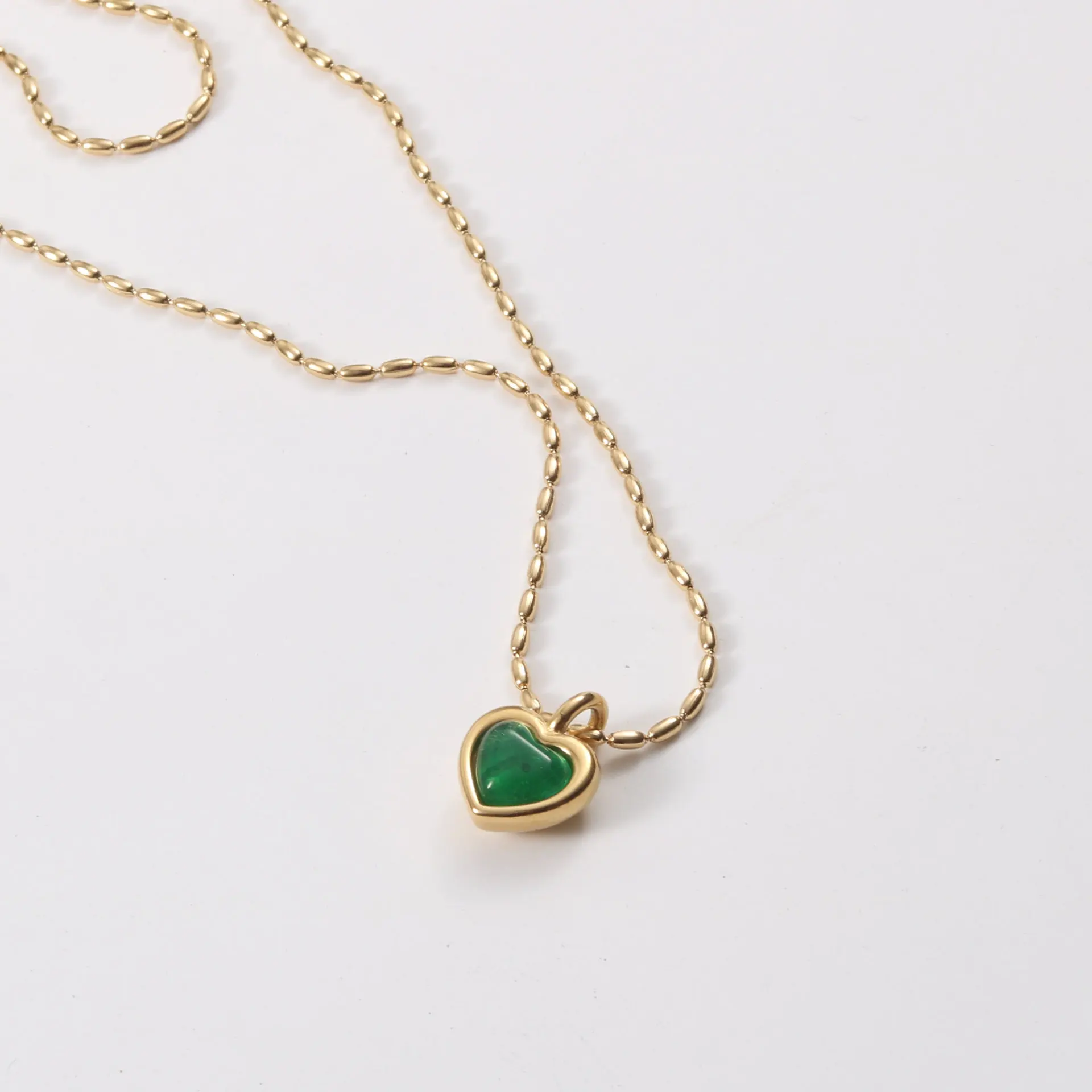 

JOOLIM High End Stainless Steel Heart Emerald Pendant Rice Beads Chain Necklace 18K Gold Plated Jewelry Wholesale