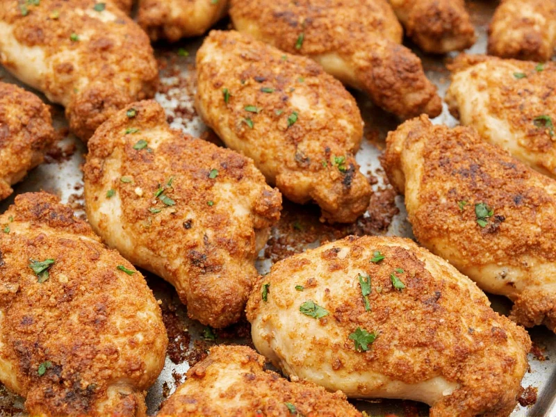 Crispy baked chicken pieces on baking sheet with spices