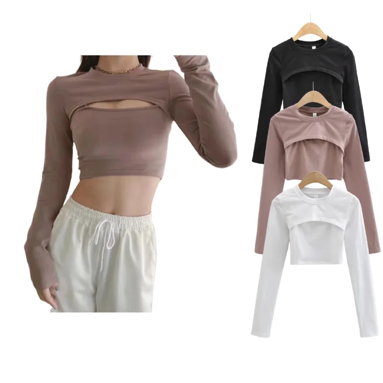 

Women Custom Clothing Long Sleeve Brush Sexy Hollow Out 2 Piece Tank Top Set, Picture