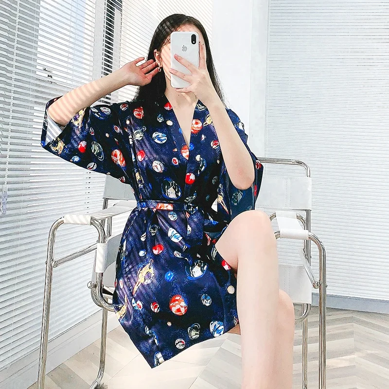 

Spring 2021 satin thin robes morning kimono women's sleepwear, Black