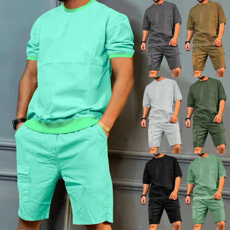 

Summer men's cargo sports suit multi bag pants trend casual short sleeve shorts personality suit men