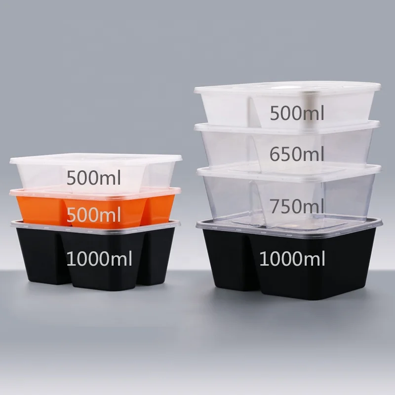 
500/650/750/1000ml Disposable pp material 2 or 3 compartment microwave take away lunch box for rice and meat food package 