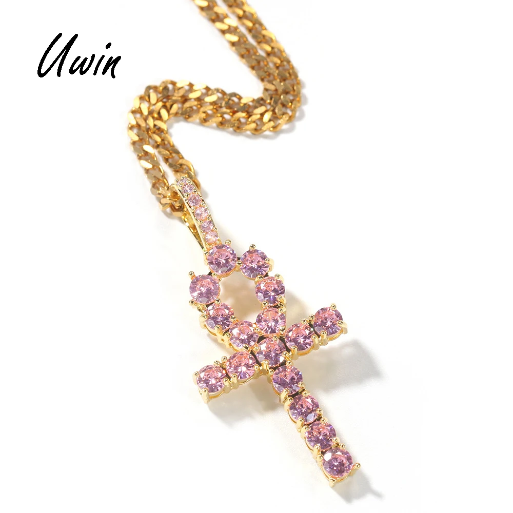 

Iced Out Pink Cubic Zirconia Cross Pendant Necklace CZ Ankh Charm Jewelry Necklace Women Gift, Pink stone, gold and platinum plated