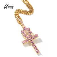 

Iced Out Pink Cubic Zirconia Cross Pendant Necklace CZ Ankh Charm Jewelry Necklace Women Gift