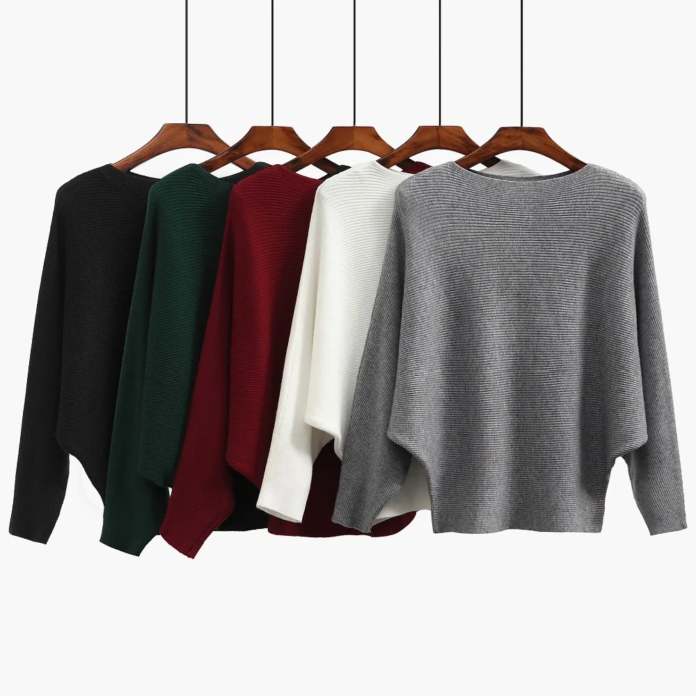 

Women Slash Neck Knitted Winter Sweaters Tops Female Batwing Cashmere Casual Pullovers Jumper, As picture